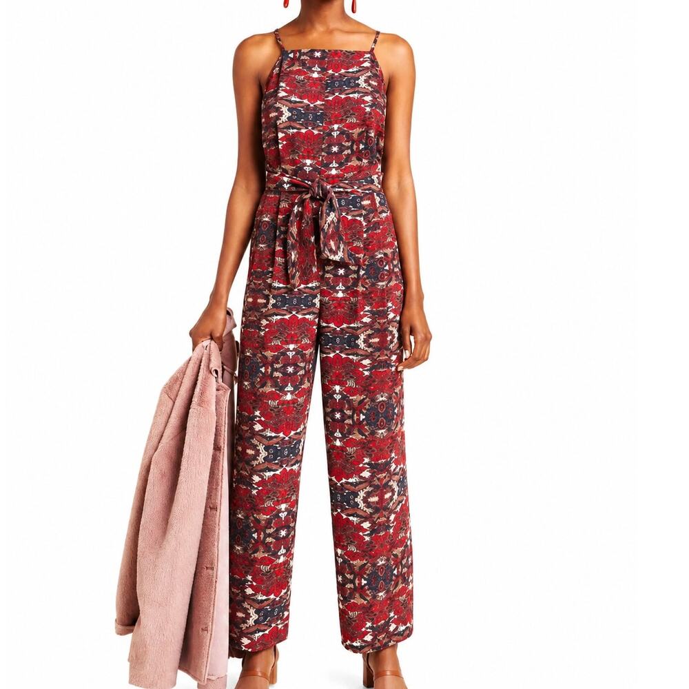 Anthropologie Greylin Macie Printed Tie Waist Wide Leg Jumpsuit Medium Red